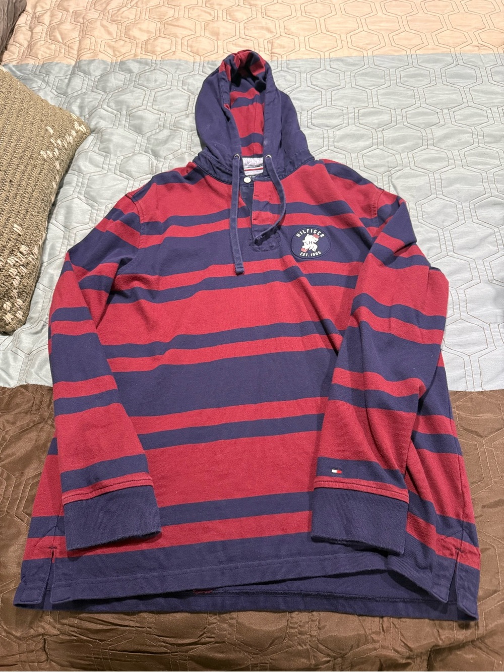 Men's Tommy Hilfiger Long Sleeve Rugby Tee Hoodie Striped XL 100% Cotton